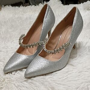 BCBGeneration Sparkling Silver Heels with Crystal Embellishment